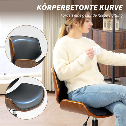 Mid-Century Office Chair, Armless Swivel Desk Chair with PU Leather Seat, Height Adjustable Computer Chair with Bent Wood Back, 360° Wheels, Black and Walnut