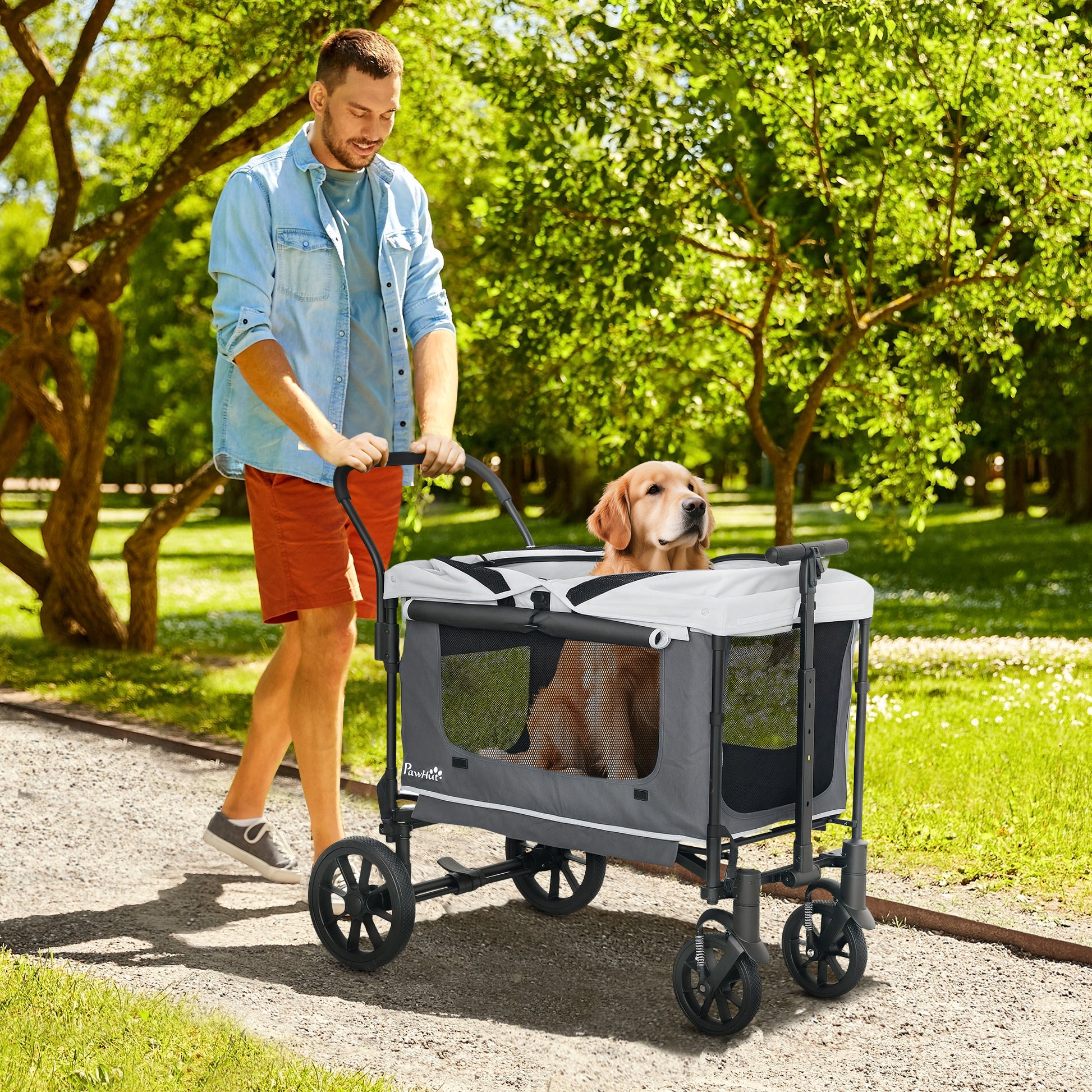 2 in 1 Dog Cart Dog Buggy Foldable for Dogs & Cats up to 30 kg Wagon with Cushion Mesh Windows 2 Doors Storage Bag Cat Cart Buggy Dark Gray