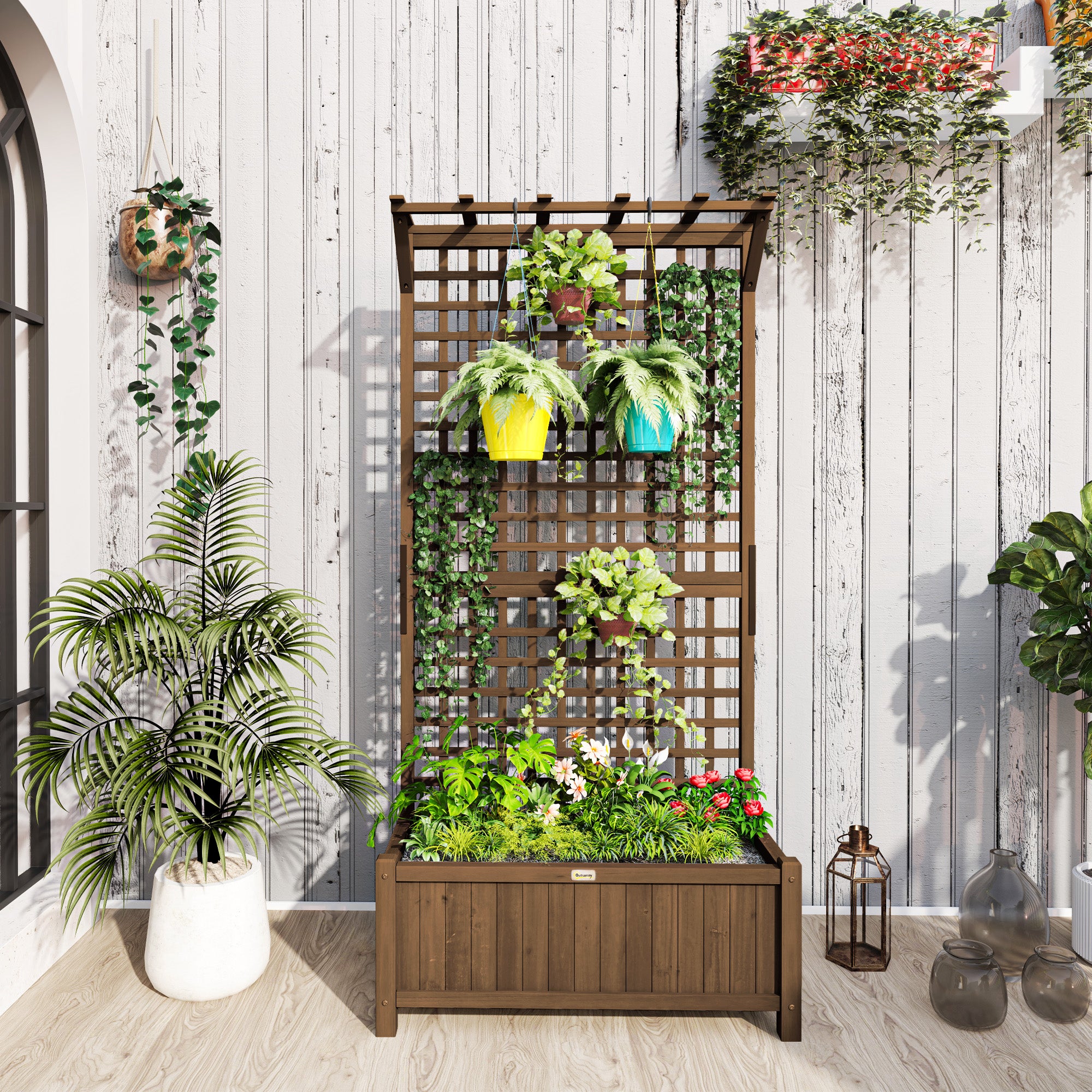 Raised Bed Planter Box with Trellis, Trellis Planter Flower Box Wood, Garden Trellis 90 x 45 x 183cm for Garden Balcony Terrace, Flower Pot for Climbing Plants, Basket Plants, Flowers