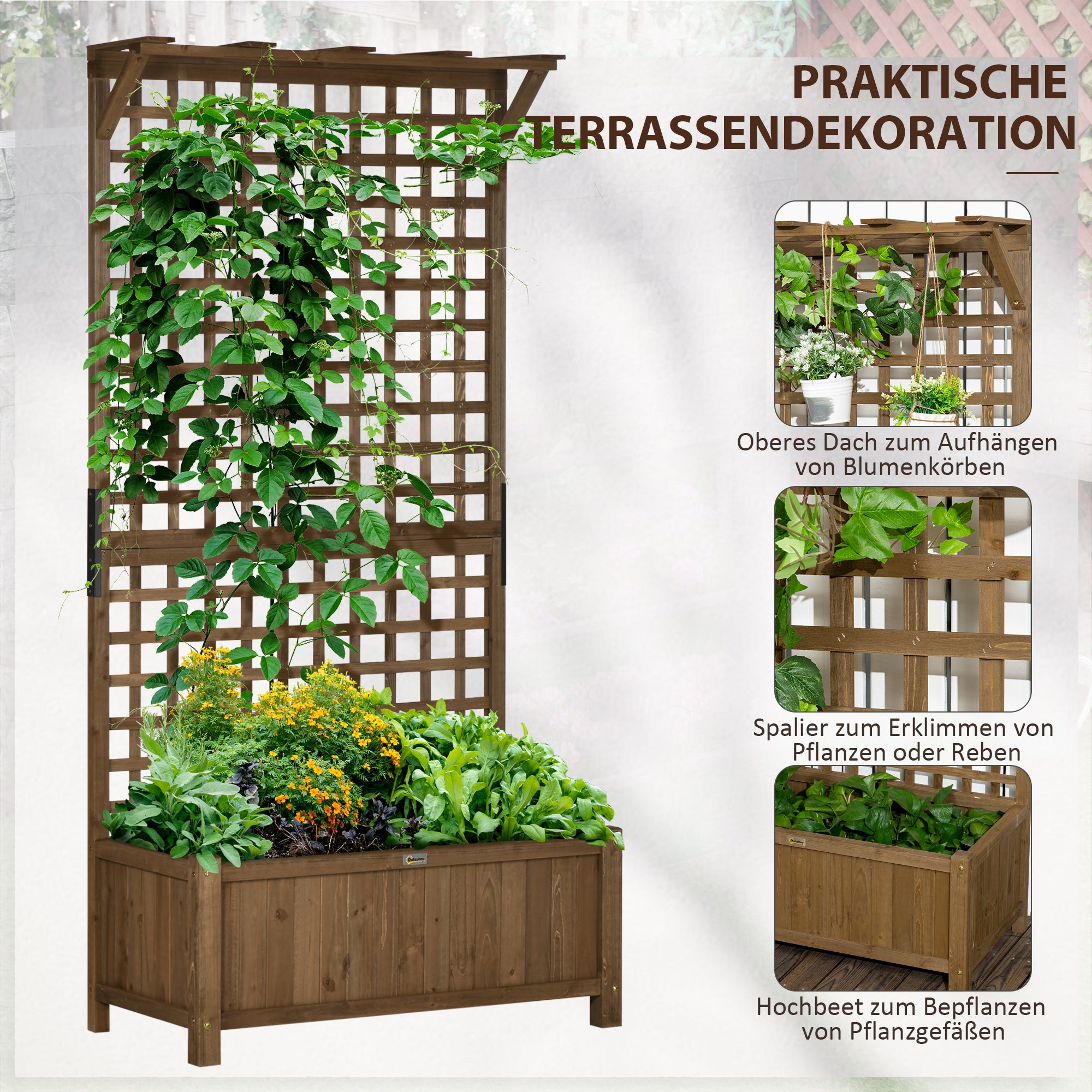 Raised Bed Planter Box with Trellis, Trellis Planter Flower Box Wood, Garden Trellis 90 x 45 x 183cm for Garden Balcony Terrace, Flower Pot for Climbing Plants, Basket Plants, Flowers
