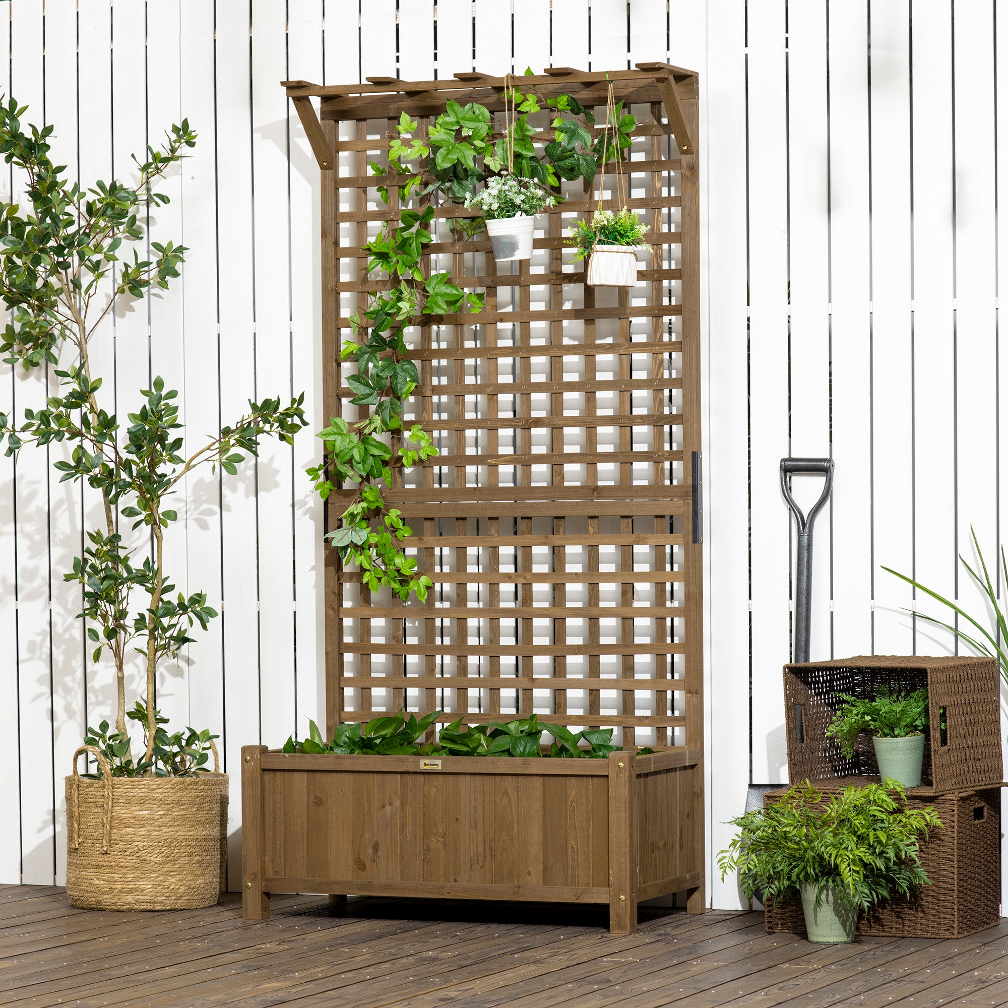 Raised Bed Planter Box with Trellis, Trellis Planter Flower Box Wood, Garden Trellis 90 x 45 x 183cm for Garden Balcony Terrace, Flower Pot for Climbing Plants, Basket Plants, Flowers