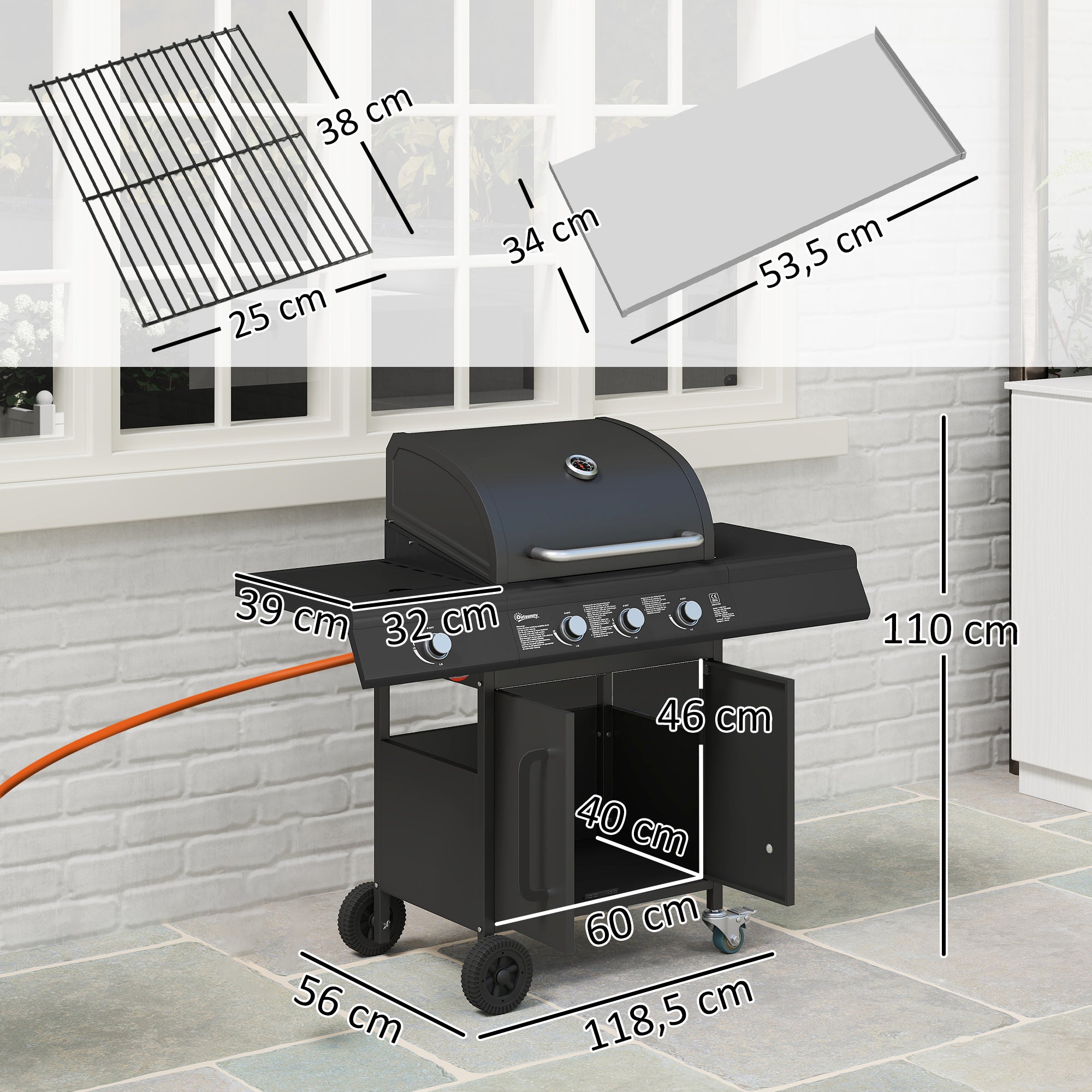 12.2 kW (≈41,600 BTU) 3+1-Burner Gas BBQ Cart, Stainless Steel with Wheels, Side Burner, Thermometer, Warming Rack, Side Shelf — 118.5 x 56 x 110 cm (46.7 x 22.0 x 43.3 in)