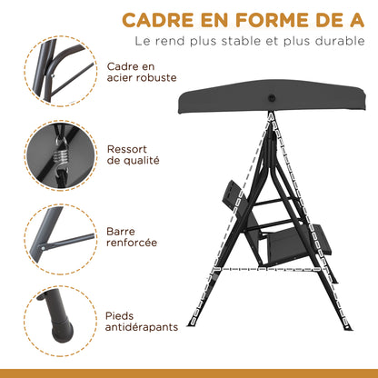 3-Seater Grand Confort Garden Swing Adjustable Sun Canopy Ergonomic Seat and Backrest Epoxy Resin Steel Textilene Black