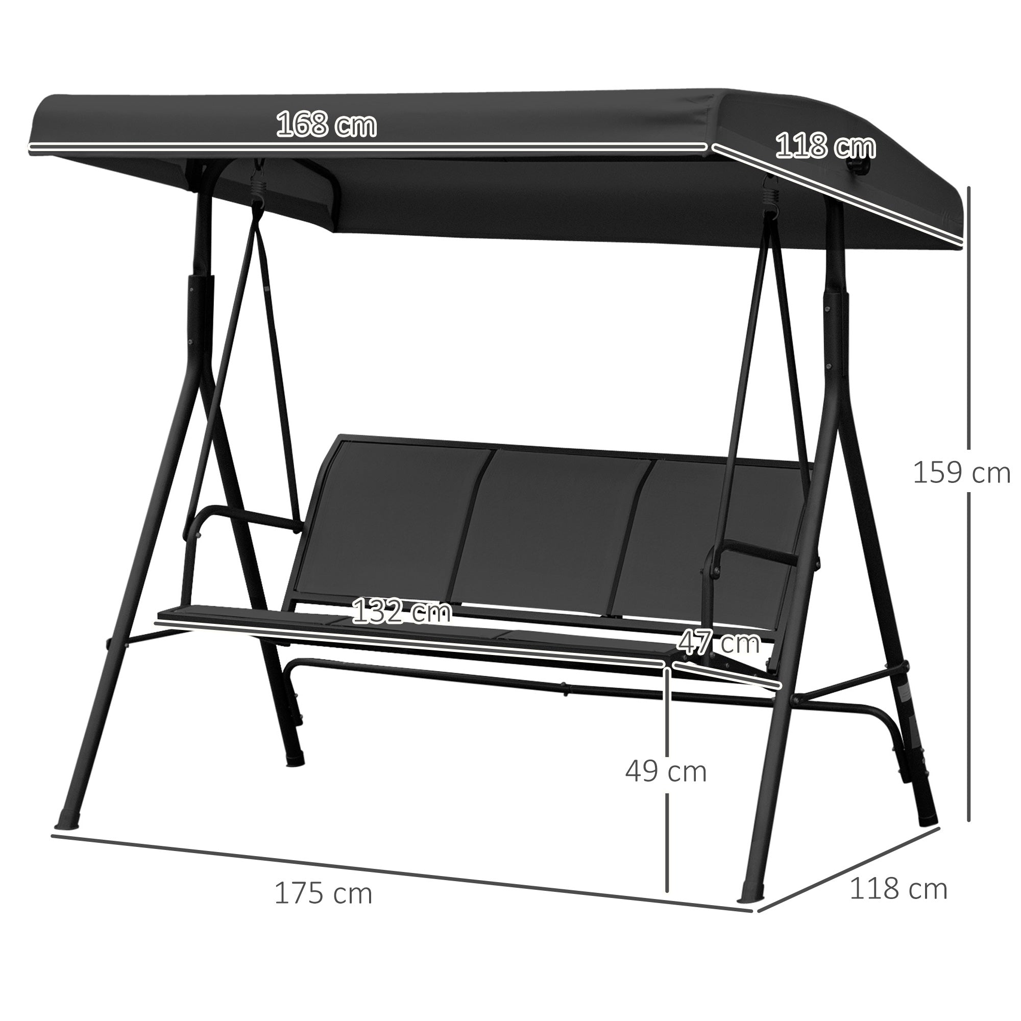 3-Seater Grand Confort Garden Swing Adjustable Sun Canopy Ergonomic Seat and Backrest Epoxy Resin Steel Textilene Black