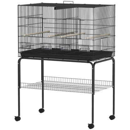 Bird Cage with Divider Birdhouse with Wheels 4 Feeders 4 Perches and Removable Tray Cage for Parrots Canaries Parakeets 94x57x128 cm Black