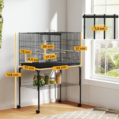 Bird Cage with Divider Birdhouse with Wheels 4 Feeders 4 Perches and Removable Tray Cage for Parrots Canaries Parakeets 94x57x128 cm Black