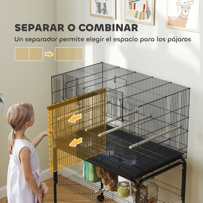 Bird Cage with Divider Birdhouse with Wheels 4 Feeders 4 Perches and Removable Tray Cage for Parrots Canaries Parakeets 94x57x128 cm Black