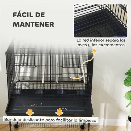 Bird Cage with Divider Birdhouse with Wheels 4 Feeders 4 Perches and Removable Tray Cage for Parrots Canaries Parakeets 94x57x128 cm Black