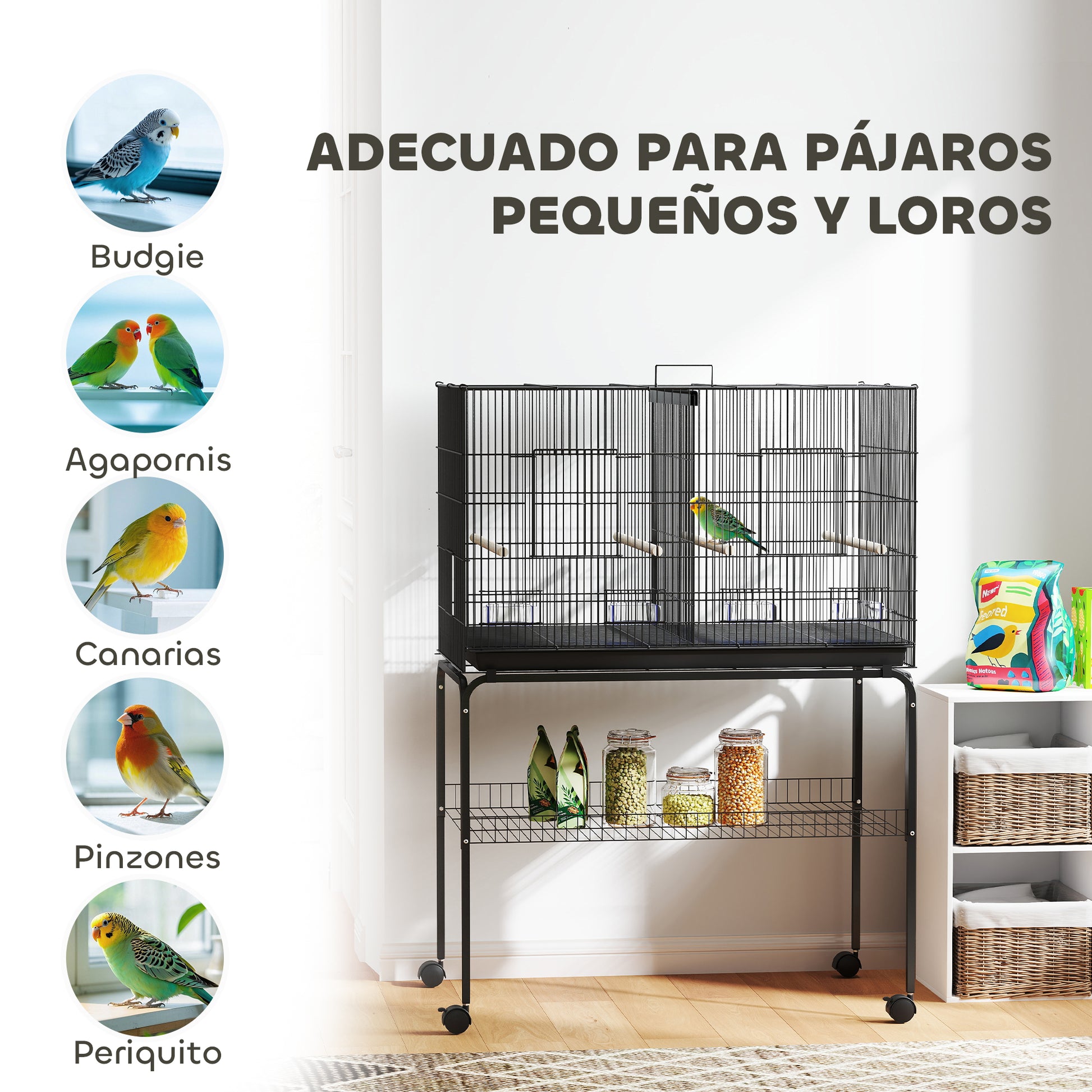 Bird Cage with Divider Birdhouse with Wheels 4 Feeders 4 Perches and Removable Tray Cage for Parrots Canaries Parakeets 94x57x128 cm Black