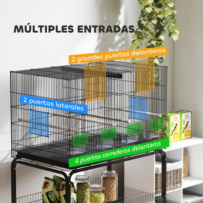 Bird Cage with Divider Birdhouse with Wheels 4 Feeders 4 Perches and Removable Tray Cage for Parrots Canaries Parakeets 94x57x128 cm Black