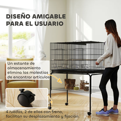 Bird Cage with Divider Birdhouse with Wheels 4 Feeders 4 Perches and Removable Tray Cage for Parrots Canaries Parakeets 94x57x128 cm Black