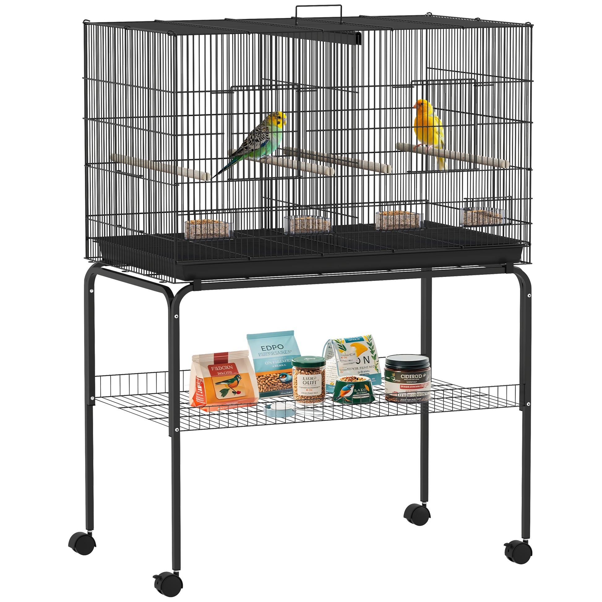 Bird Cage with Divider Birdhouse with Wheels 4 Feeders 4 Perches and Removable Tray Cage for Parrots Canaries Parakeets 94x57x128 cm Black