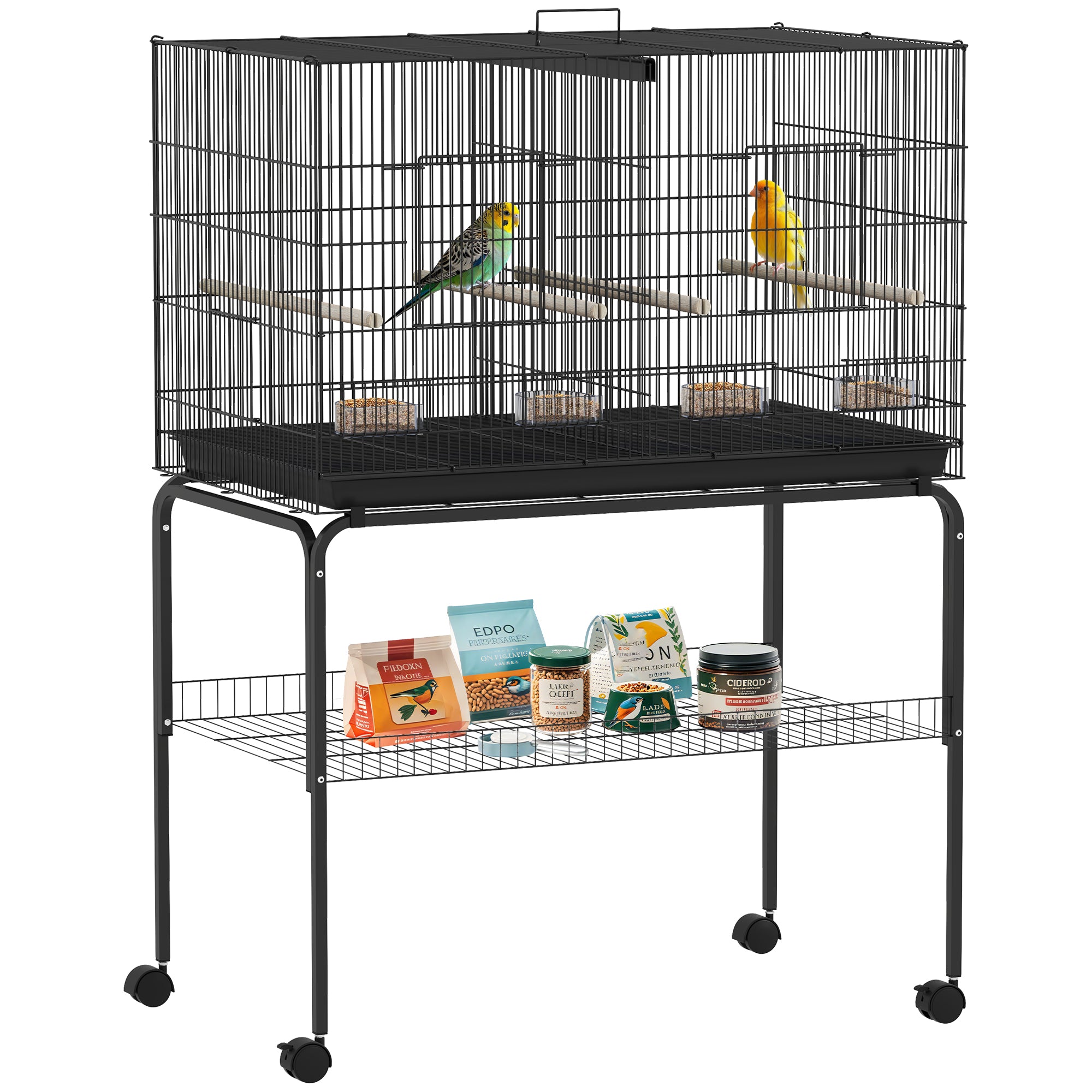 Bird Cage with Divider Birdhouse with Wheels 4 Feeders 4 Perches and Removable Tray Cage for Parrots Canaries Parakeets 94x57x128 cm Black
