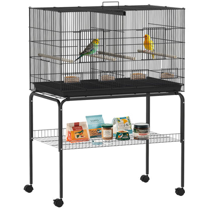 Bird Cage with Divider Birdhouse with Wheels 4 Feeders 4 Perches and Removable Tray Cage for Parrots Canaries Parakeets 94x57x128 cm Black