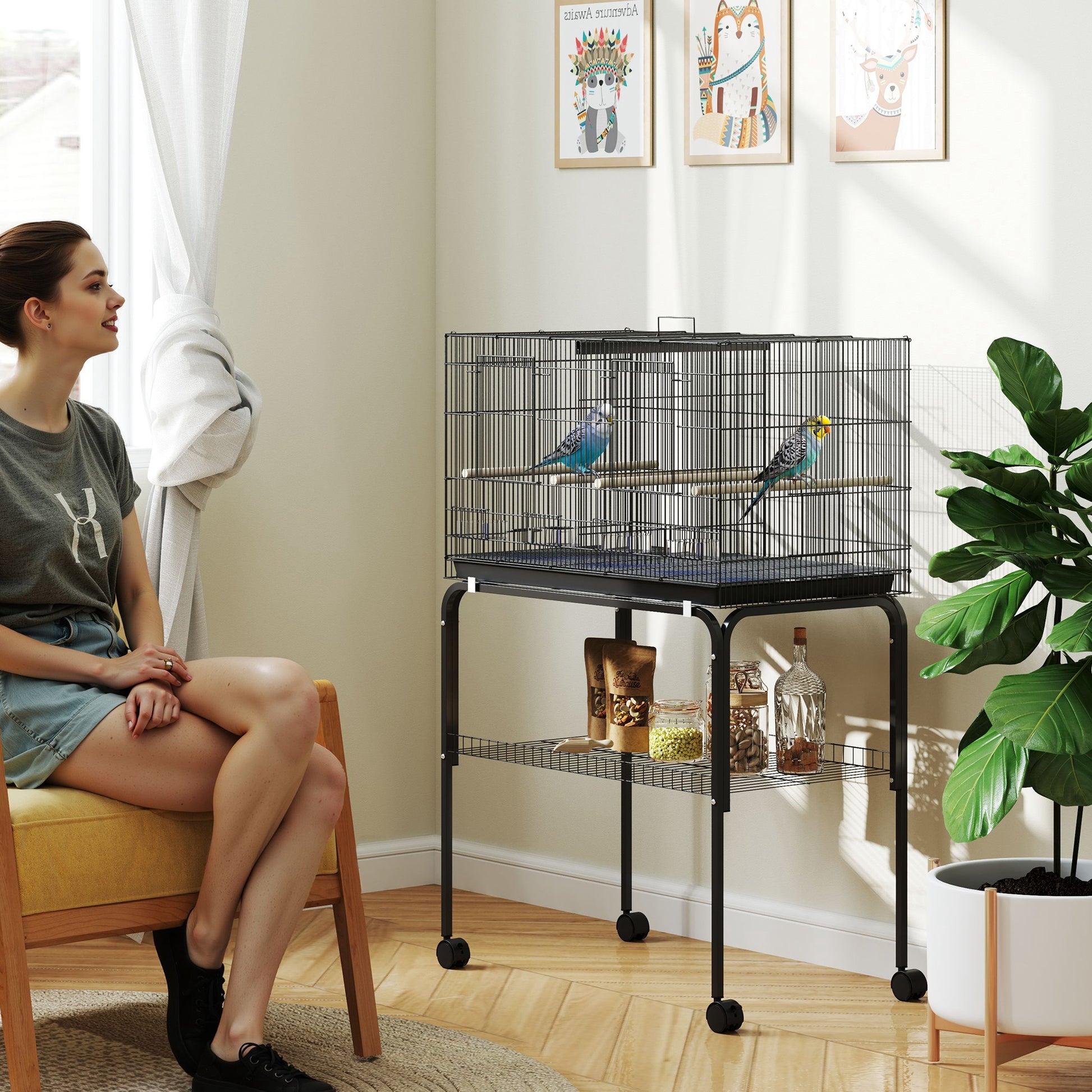 Bird Cage with Divider Birdhouse with Wheels 4 Feeders 4 Perches and Removable Tray Cage for Parrots Canaries Parakeets 94x57x128 cm Black
