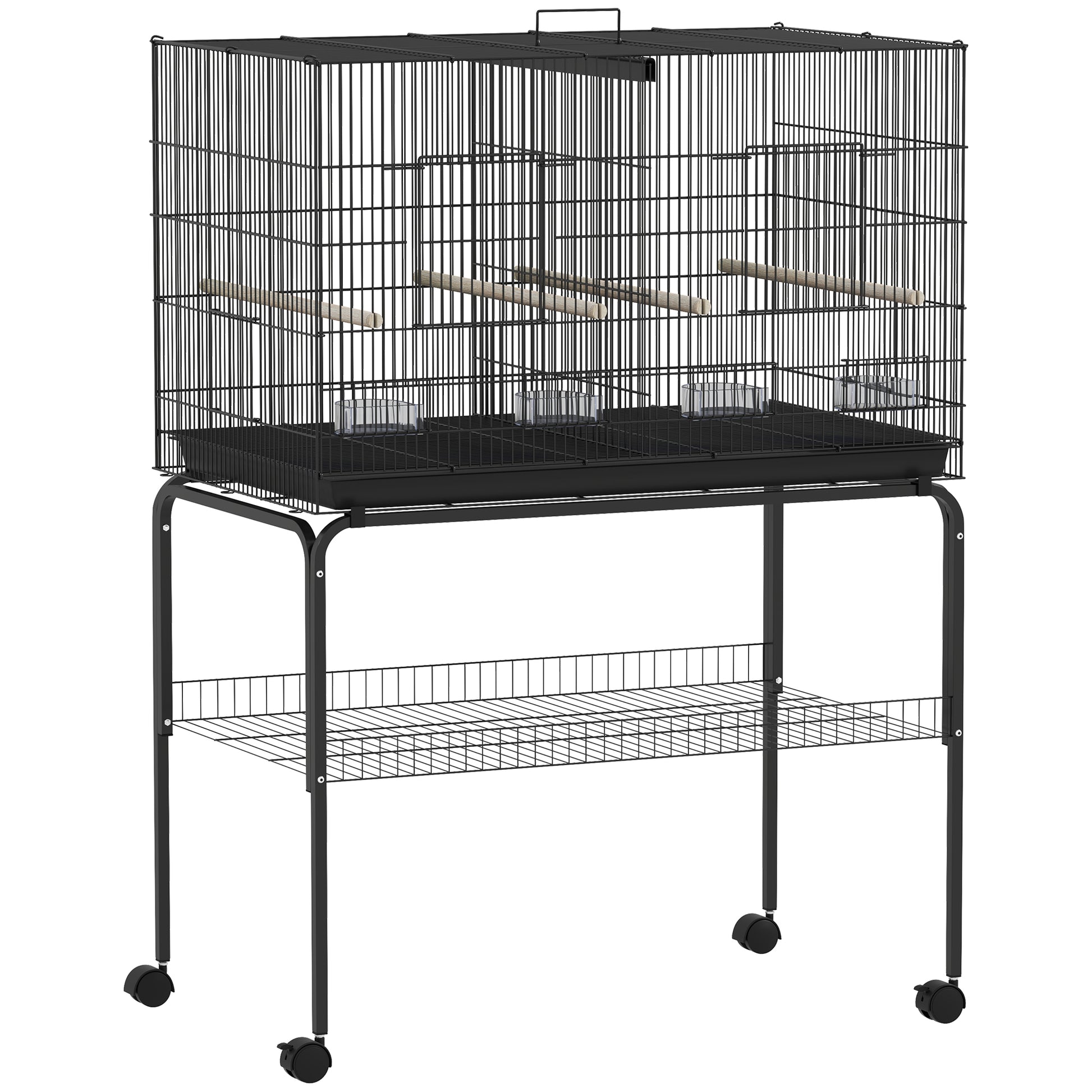 Bird Cage with Divider Birdhouse with Wheels 4 Feeders 4 Perches and Removable Tray Cage for Parrots Canaries Parakeets 94x57x128 cm Black