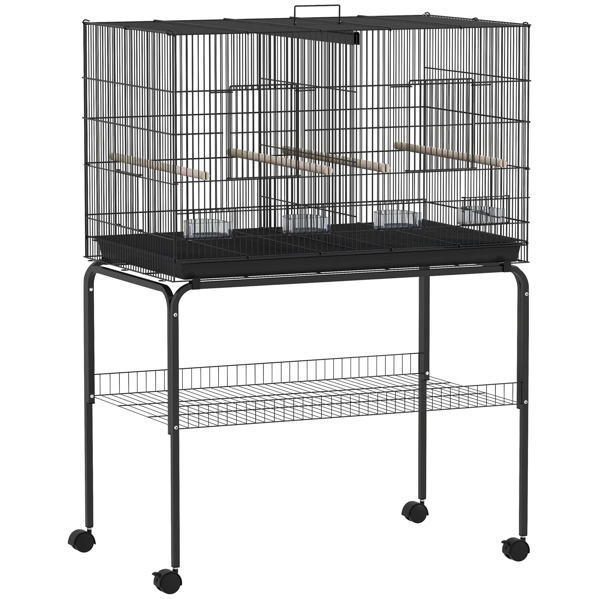 Bird Cage with Divider Birdhouse with Wheels 4 Feeders 4 Perches and Removable Tray Cage for Parrots Canaries Parakeets 94x57x128 cm Black