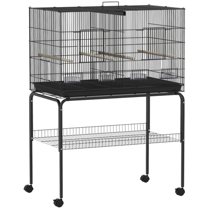 Bird Cage with Divider Birdhouse with Wheels 4 Feeders 4 Perches and Removable Tray Cage for Parrots Canaries Parakeets 94x57x128 cm Black