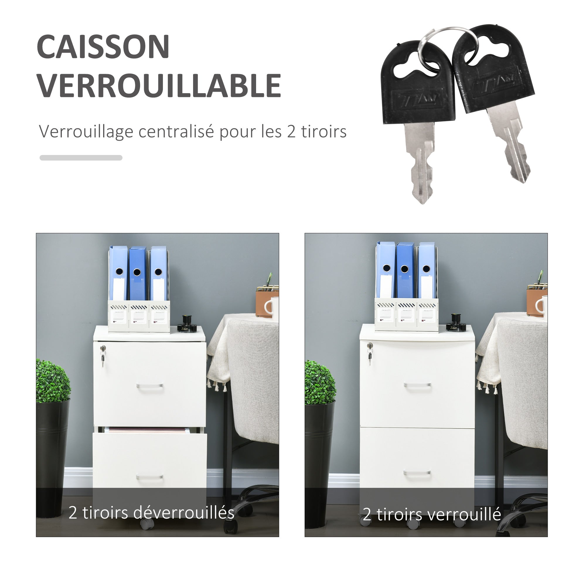Desk Container Storage on Wheels Filing Cabinet Office Furniture 2 Lockable Drawers made of MDF Chipboard Dimensions 43L x 45W x 72H cm White