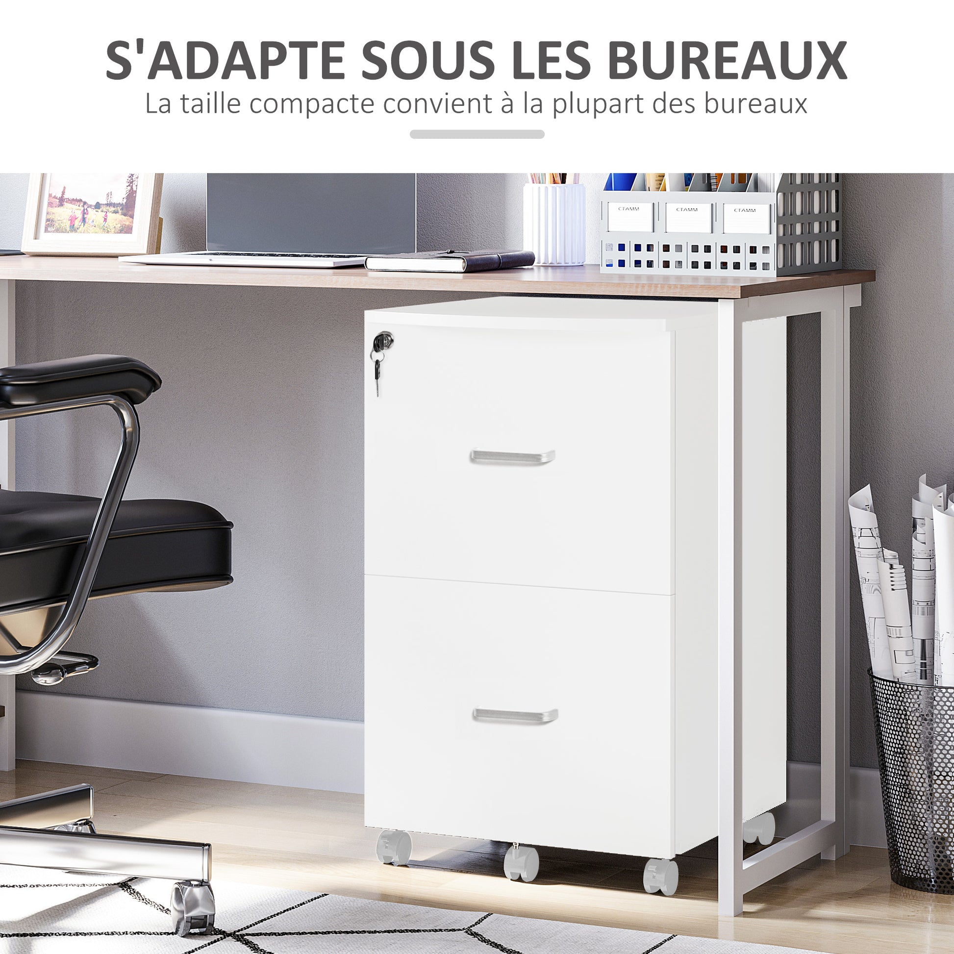 Desk Container Storage on Wheels Filing Cabinet Office Furniture 2 Lockable Drawers made of MDF Chipboard Dimensions 43L x 45W x 72H cm White