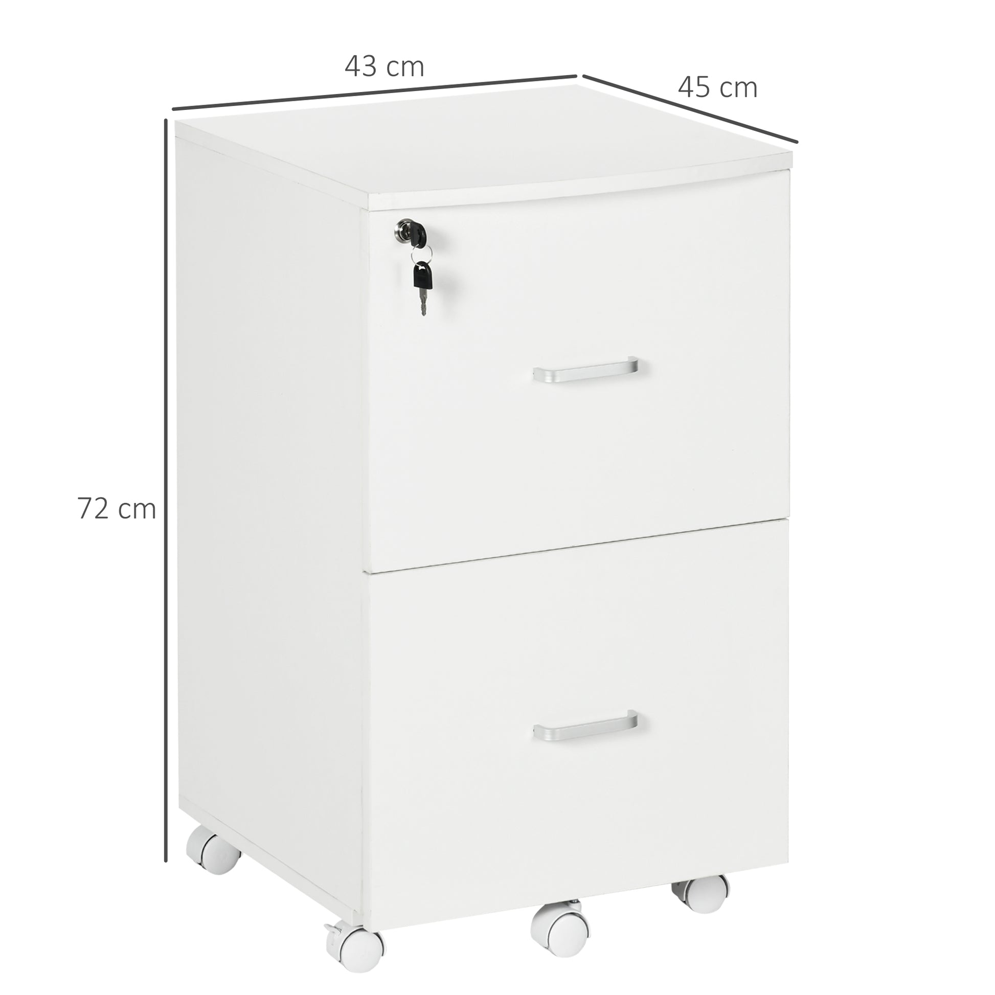 Desk Container Storage on Wheels Filing Cabinet Office Furniture 2 Lockable Drawers made of MDF Chipboard Dimensions 43L x 45W x 72H cm White