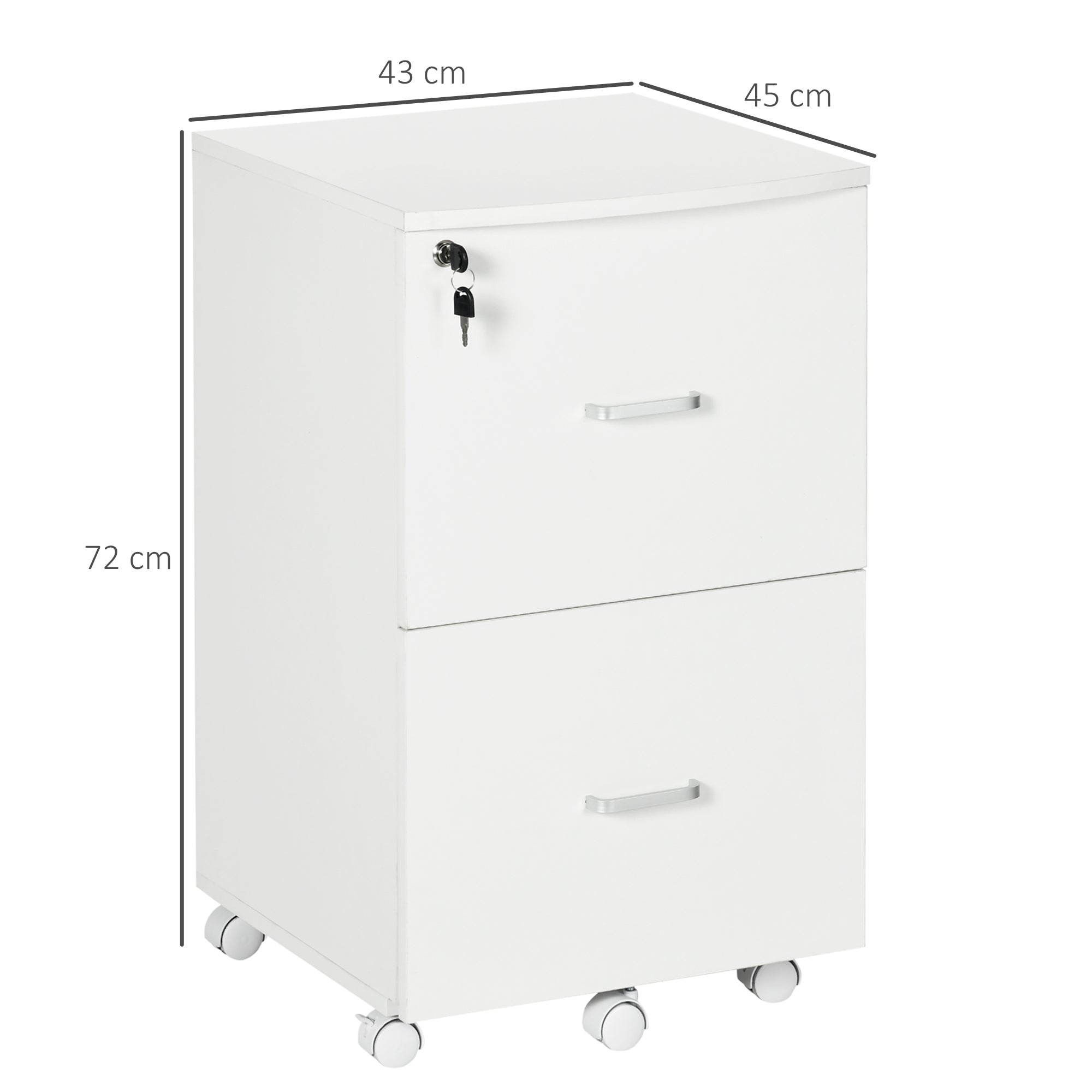Desk Container Storage on Wheels Filing Cabinet Office Furniture 2 Lockable Drawers made of MDF Chipboard Dimensions 43L x 45W x 72H cm White