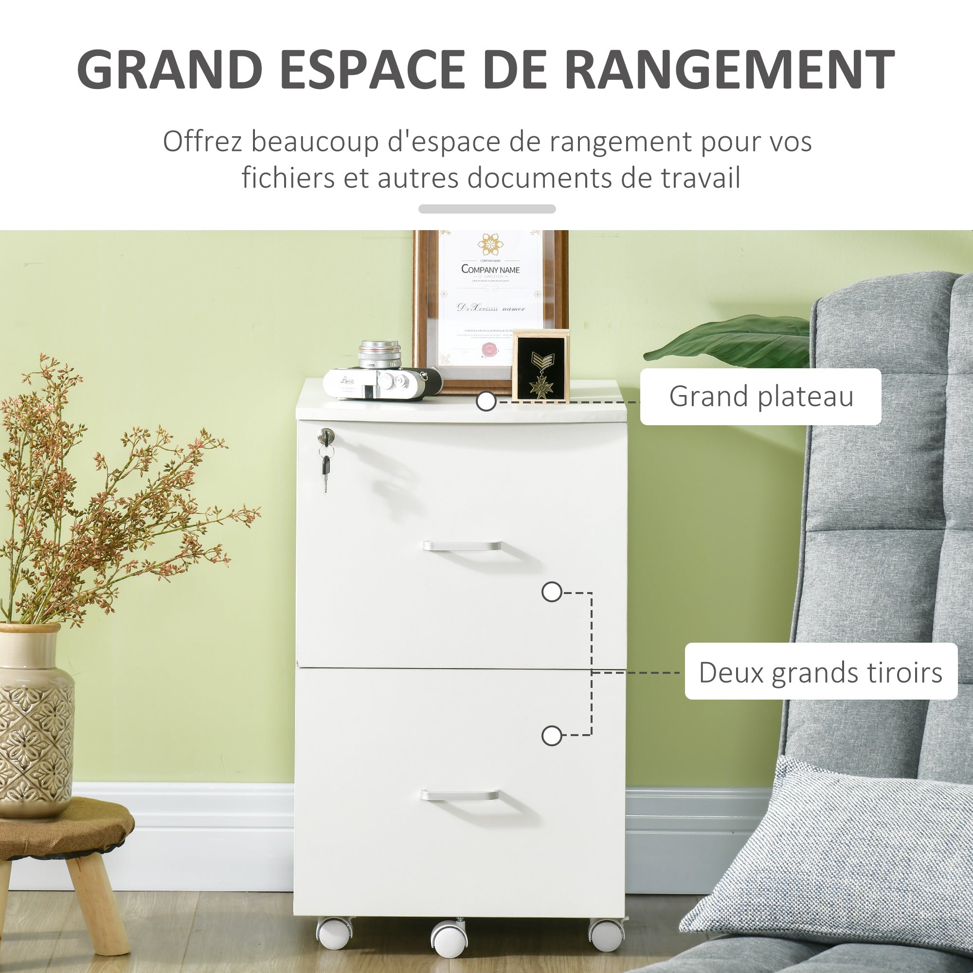 Desk Container Storage on Wheels Filing Cabinet Office Furniture 2 Lockable Drawers made of MDF Chipboard Dimensions 43L x 45W x 72H cm White