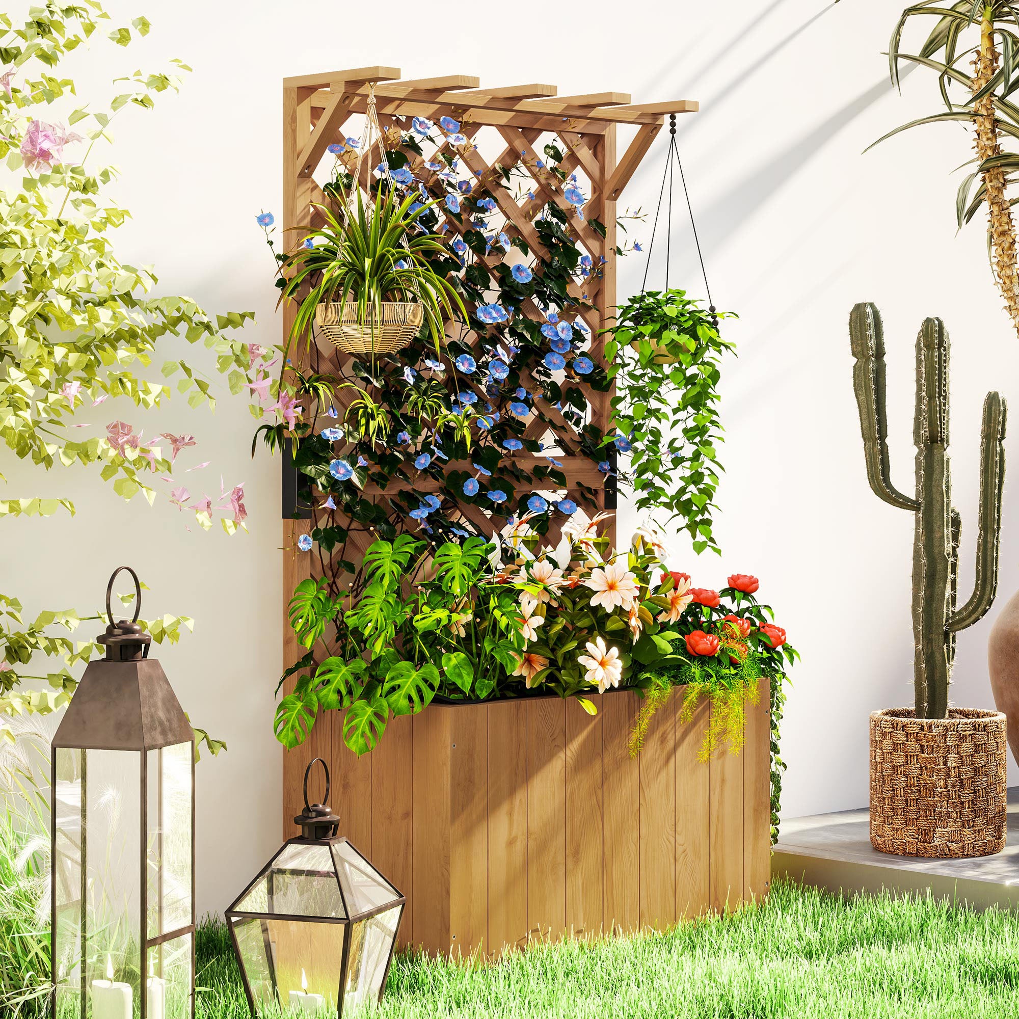 Raised Bed Planter with Trellis Roof Flower Pot Wooden, Garden Trellis 64 x 33 x 122cm for Garden Balcony Terrace, Flower pot for Climbing Plants Basket Plants, Flowers
