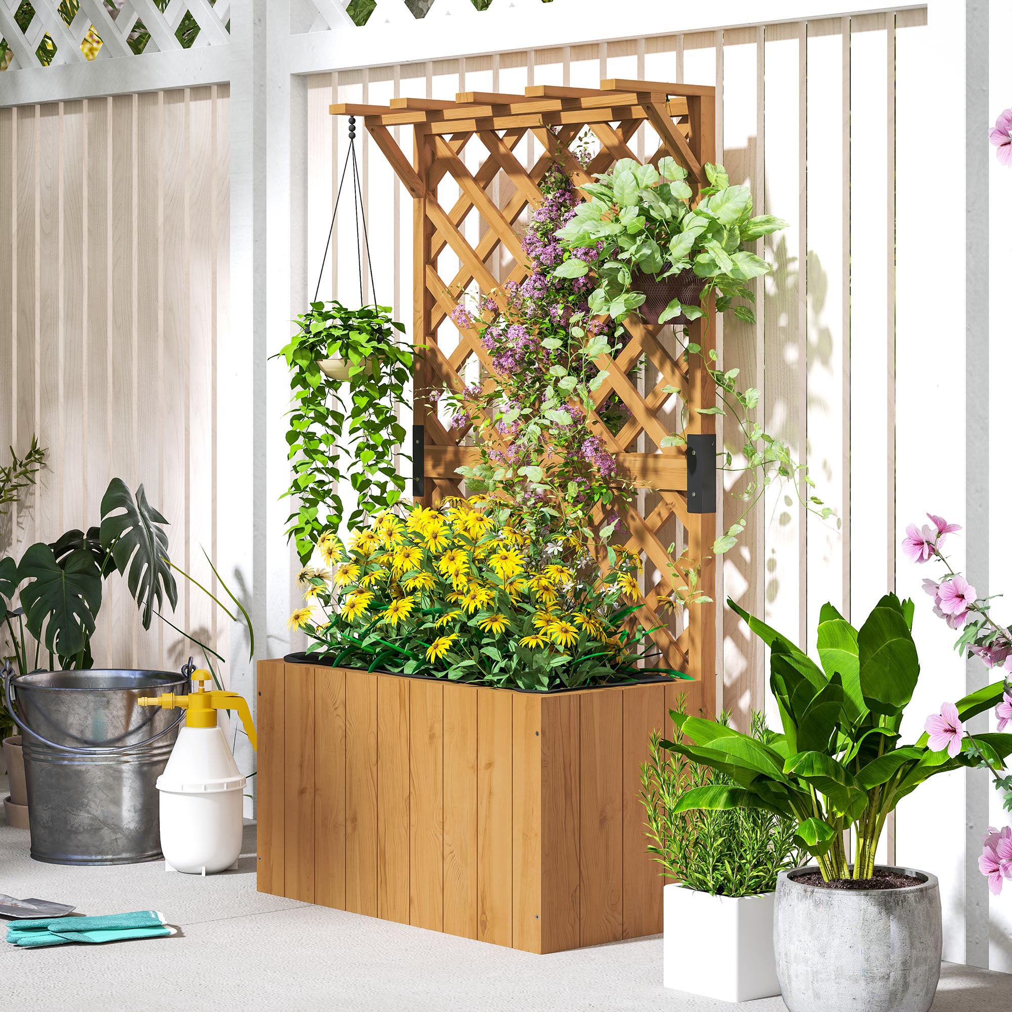 Raised Bed Planter with Trellis Roof Flower Pot Wooden, Garden Trellis 64 x 33 x 122cm for Garden Balcony Terrace, Flower pot for Climbing Plants Basket Plants, Flowers