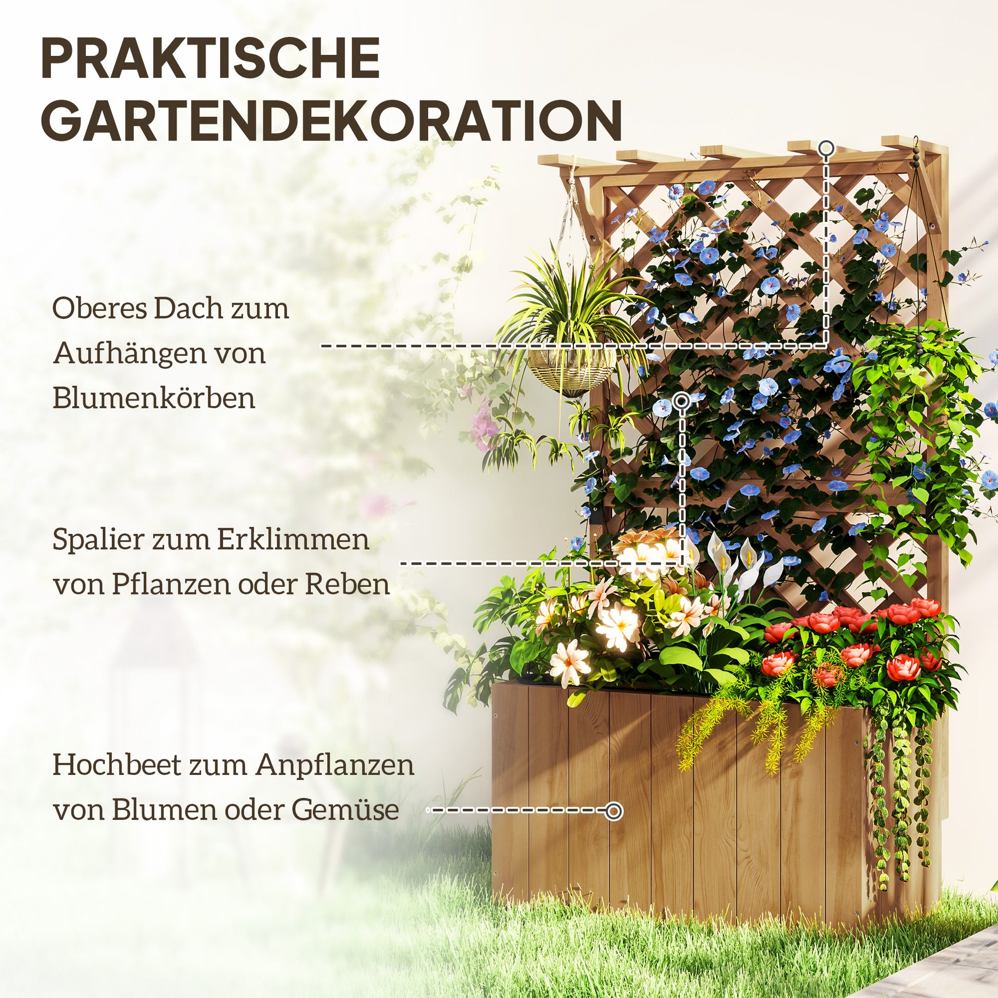Raised Bed Planter with Trellis Roof Flower Pot Wooden, Garden Trellis 64 x 33 x 122cm for Garden Balcony Terrace, Flower pot for Climbing Plants Basket Plants, Flowers