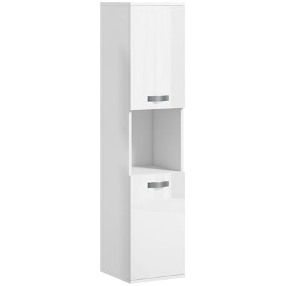 Wall Mounted Space Saving Bathroom Cabinet with 2 Cabinets, 2 Adjustable Shelves, and Open Shelf, Suspended Bathroom Column in Chipboard, 30x30x131.5 cm, Glossy White