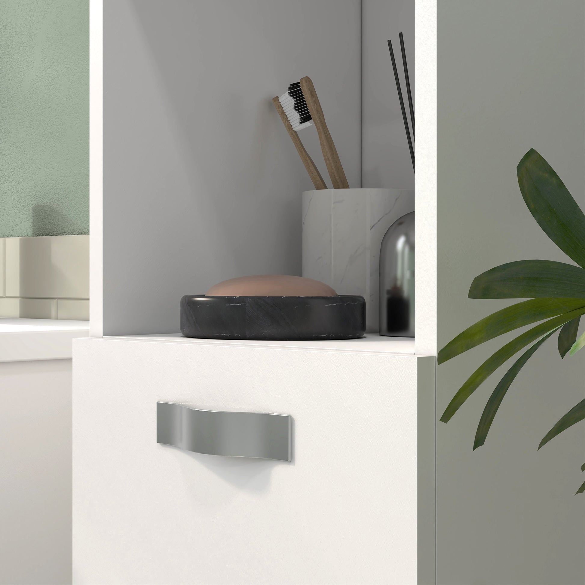 Wall Mounted Space Saving Bathroom Cabinet with 2 Cabinets, 2 Adjustable Shelves, and Open Shelf, Suspended Bathroom Column in Chipboard, 30x30x131.5 cm, Glossy White