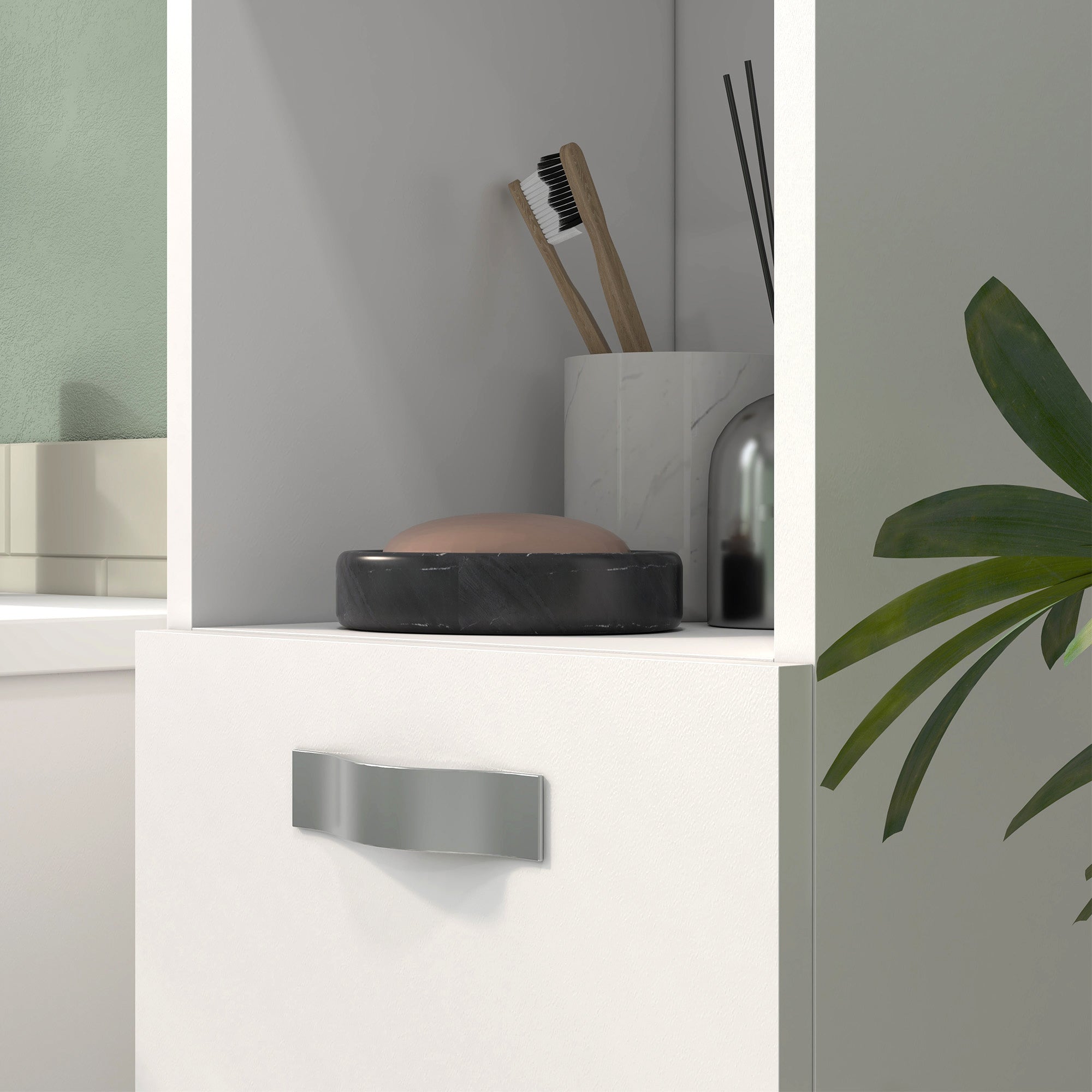 Wall Mounted Space Saving Bathroom Cabinet with 2 Cabinets, 2 Adjustable Shelves, and Open Shelf, Suspended Bathroom Column in Chipboard, 30x30x131.5 cm, Glossy White
