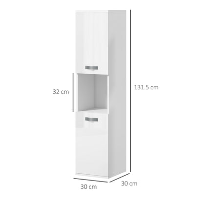 Wall Mounted Space Saving Bathroom Cabinet with 2 Cabinets, 2 Adjustable Shelves, and Open Shelf, Suspended Bathroom Column in Chipboard, 30x30x131.5 cm, Glossy White