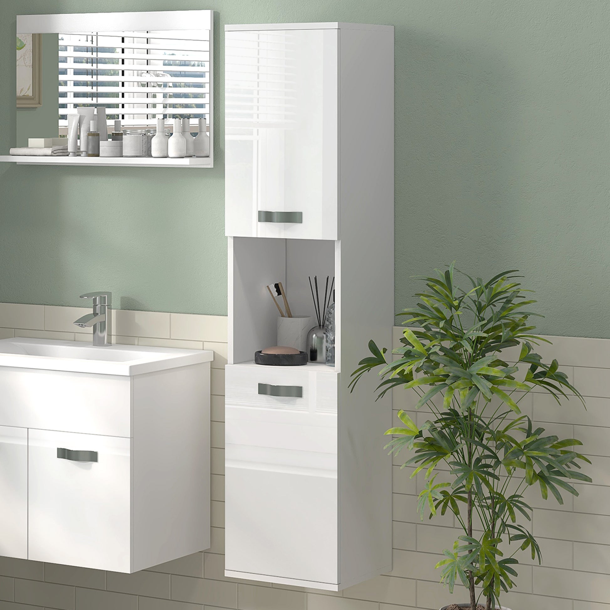 Wall Mounted Space Saving Bathroom Cabinet with 2 Cabinets, 2 Adjustable Shelves, and Open Shelf, Suspended Bathroom Column in Chipboard, 30x30x131.5 cm, Glossy White