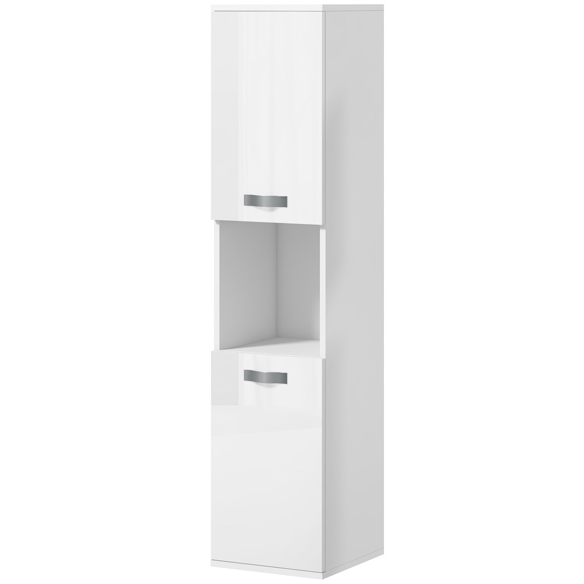 Wall Mounted Space Saving Bathroom Cabinet with 2 Cabinets, 2 Adjustable Shelves, and Open Shelf, Suspended Bathroom Column in Chipboard, 30x30x131.5 cm, Glossy White