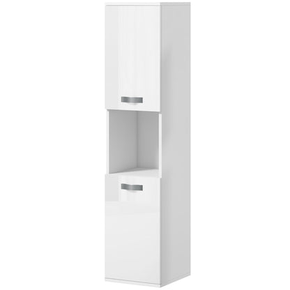 Wall Mounted Space Saving Bathroom Cabinet with 2 Cabinets, 2 Adjustable Shelves, and Open Shelf, Suspended Bathroom Column in Chipboard, 30x30x131.5 cm, Glossy White