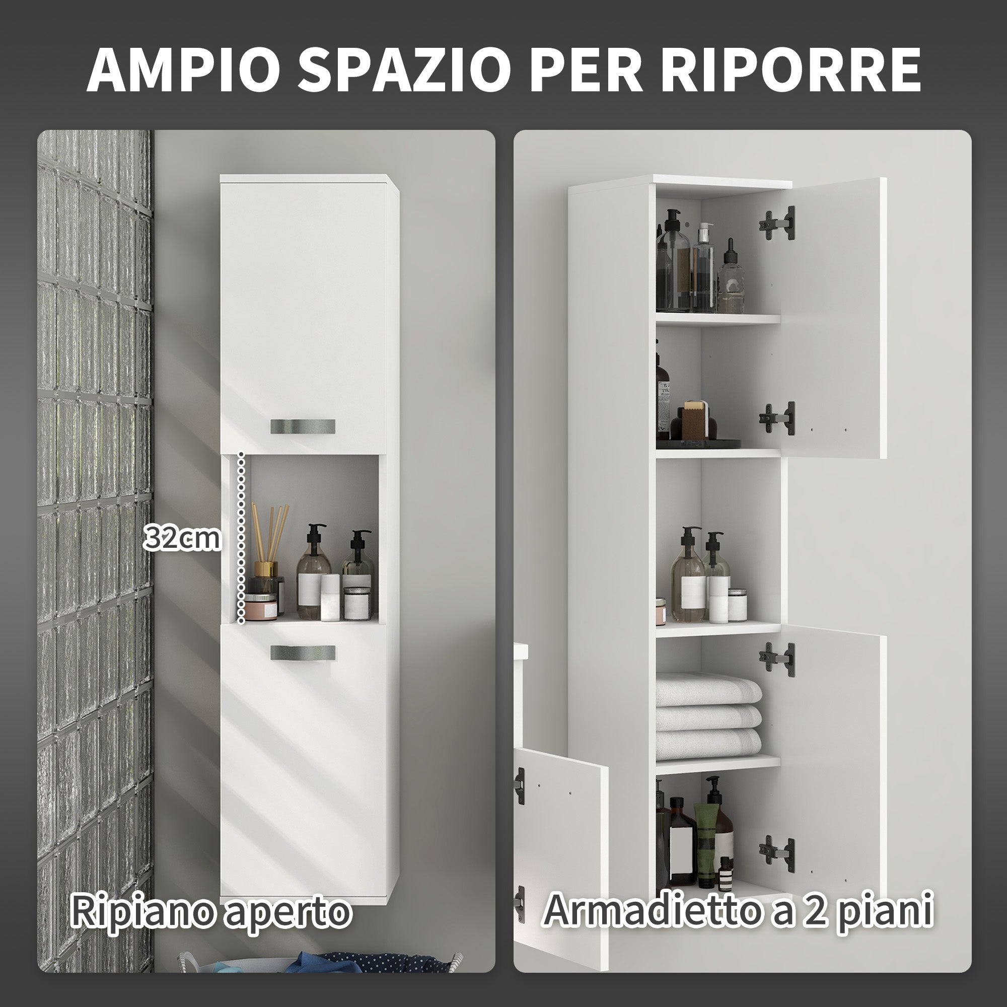 Wall Mounted Space Saving Bathroom Cabinet with 2 Cabinets, 2 Adjustable Shelves, and Open Shelf, Suspended Bathroom Column in Chipboard, 30x30x131.5 cm, Glossy White