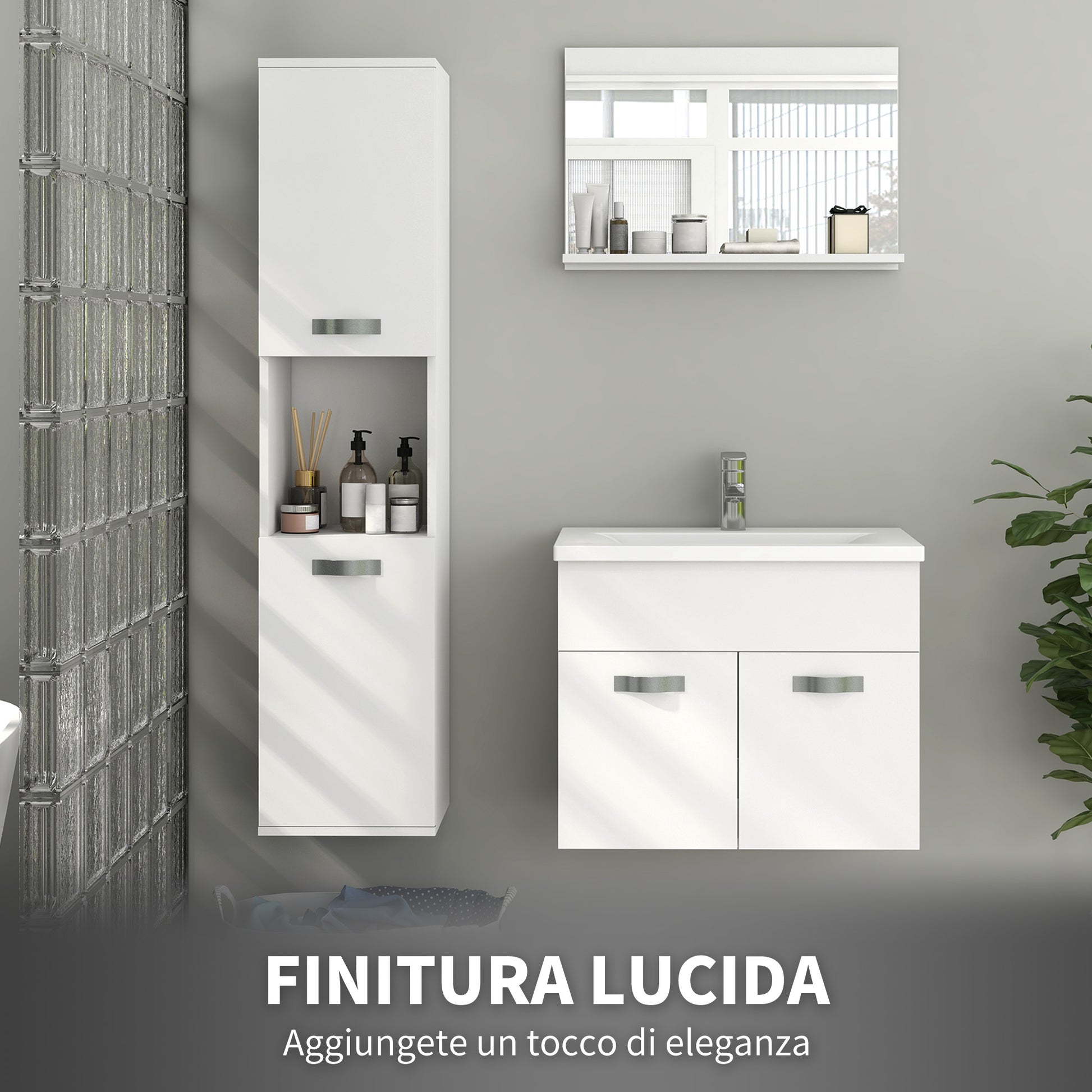 Wall Mounted Space Saving Bathroom Cabinet with 2 Cabinets, 2 Adjustable Shelves, and Open Shelf, Suspended Bathroom Column in Chipboard, 30x30x131.5 cm, Glossy White