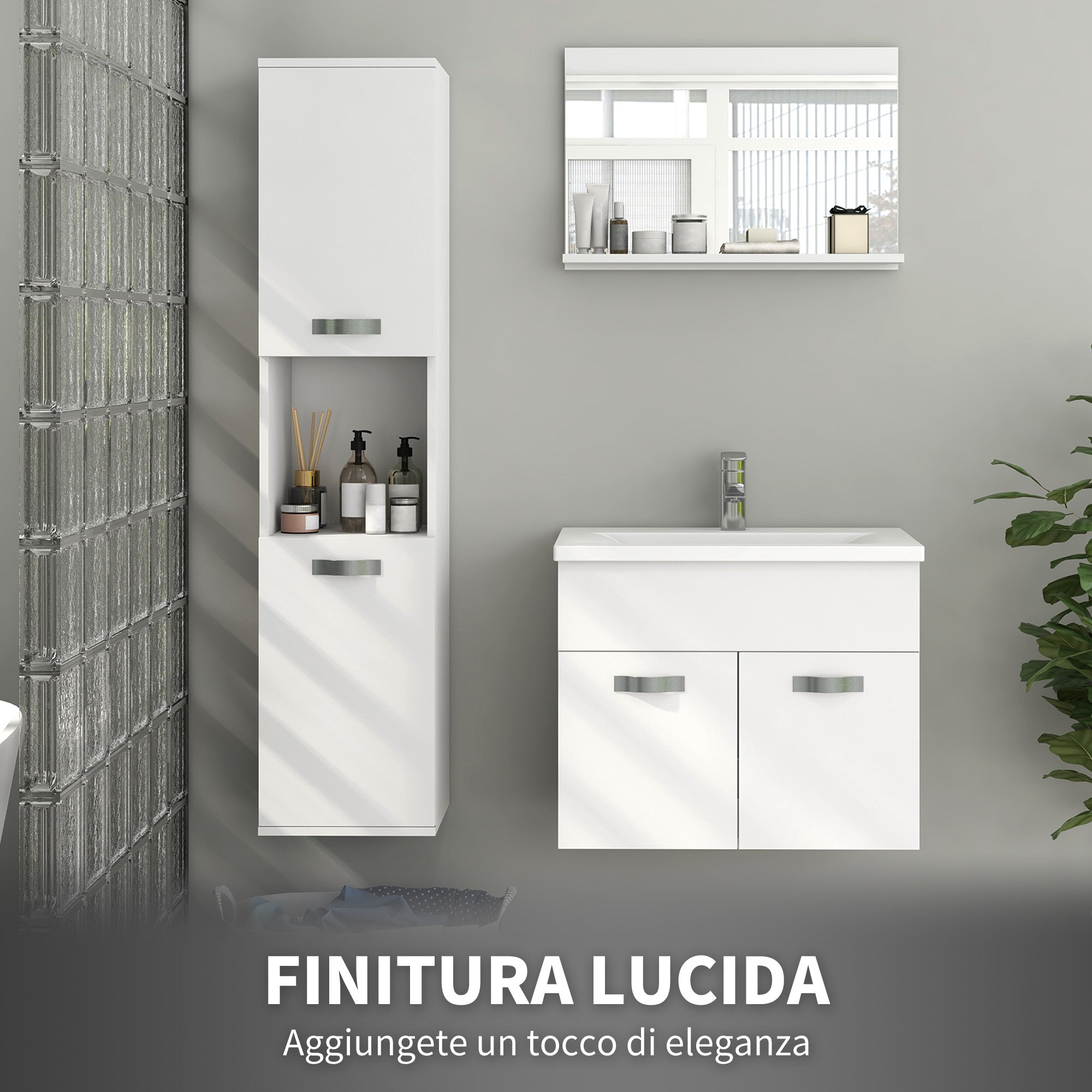 Wall Mounted Space Saving Bathroom Cabinet with 2 Cabinets, 2 Adjustable Shelves, and Open Shelf, Suspended Bathroom Column in Chipboard, 30x30x131.5 cm, Glossy White