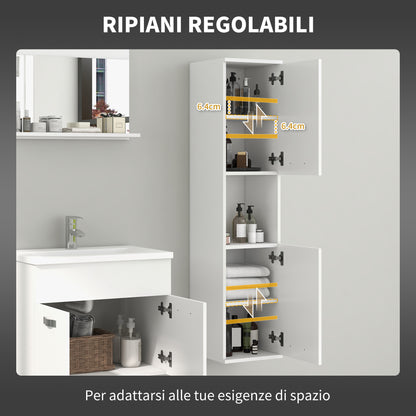 Wall Mounted Space Saving Bathroom Cabinet with 2 Cabinets, 2 Adjustable Shelves, and Open Shelf, Suspended Bathroom Column in Chipboard, 30x30x131.5 cm, Glossy White