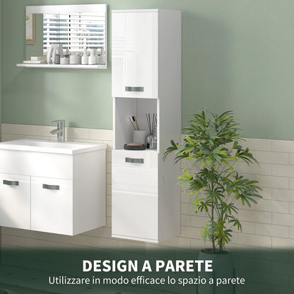 Wall Mounted Space Saving Bathroom Cabinet with 2 Cabinets, 2 Adjustable Shelves, and Open Shelf, Suspended Bathroom Column in Chipboard, 30x30x131.5 cm, Glossy White