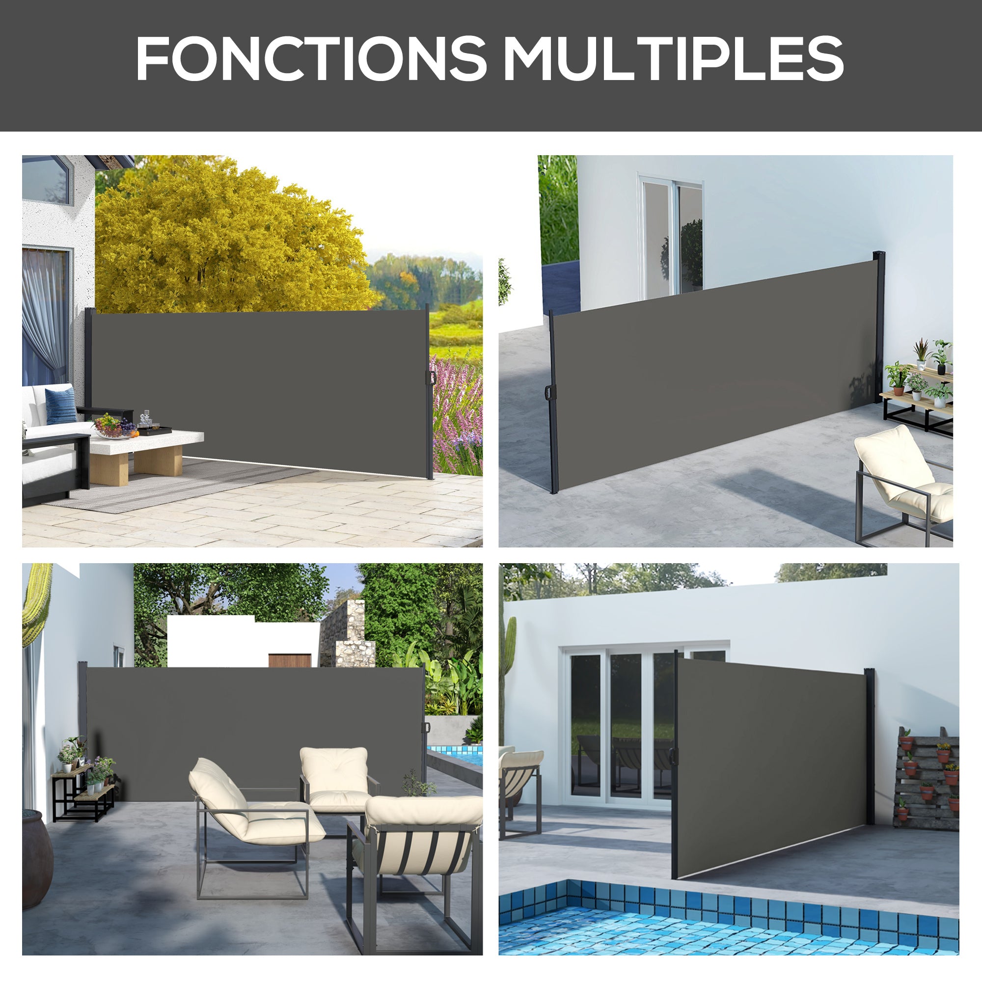 Side Retractable Wind Protection Privacy Screen Paravent Garden 4m x 1.60m Alu. Polyester UV-resistant Dark Grey