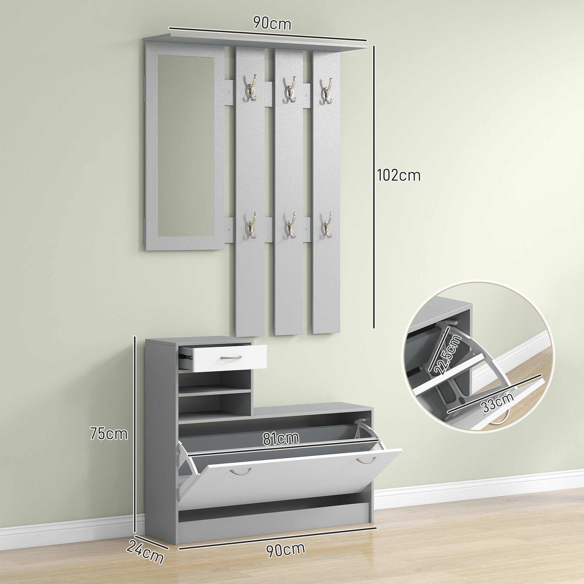 Entryway Hall Tree with Mirror Coat Rack and Shoe Bench 2-Piece Hallway Furniture with 6 Hooks Shelves and Flip-Down Drawer for Dark Gray Hallway