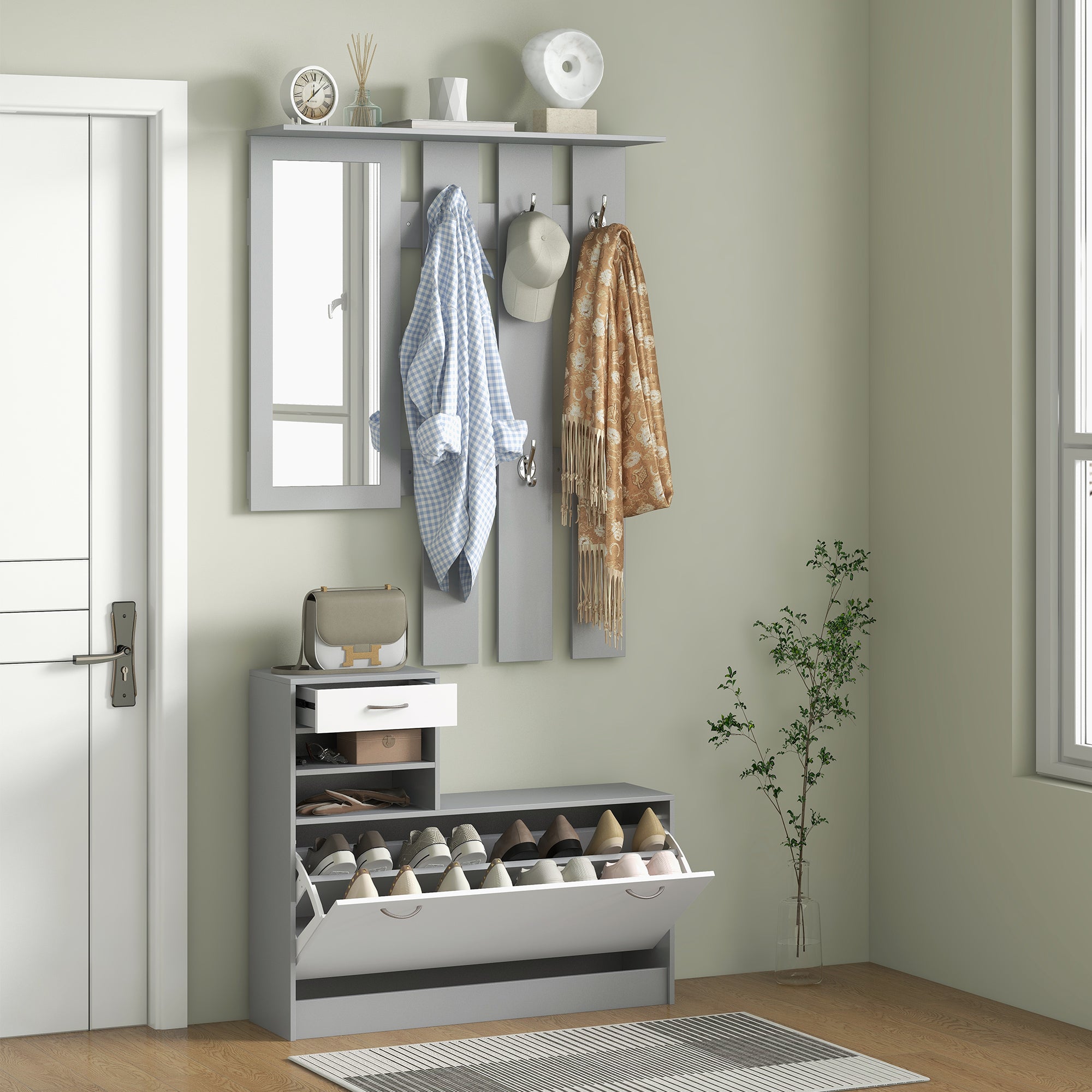 Entryway Hall Tree with Mirror Coat Rack and Shoe Bench 2-Piece Hallway Furniture with 6 Hooks Shelves and Flip-Down Drawer for Dark Gray Hallway