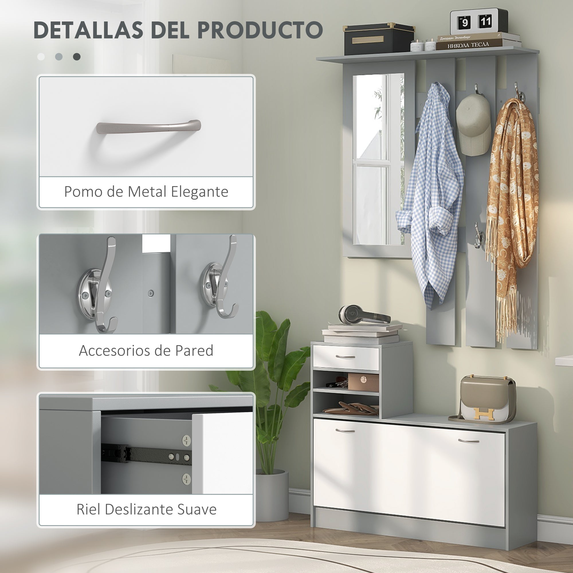 Entryway Hall Tree with Mirror Coat Rack and Shoe Bench 2-Piece Hallway Furniture with 6 Hooks Shelves and Flip-Down Drawer for Dark Gray Hallway