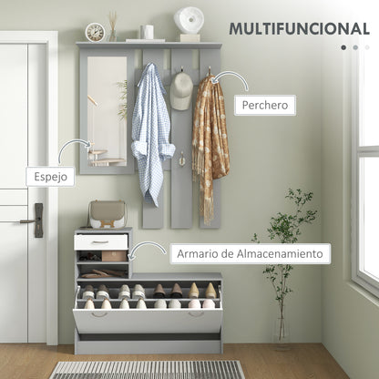 Entryway Hall Tree with Mirror Coat Rack and Shoe Bench 2-Piece Hallway Furniture with 6 Hooks Shelves and Flip-Down Drawer for Dark Gray Hallway