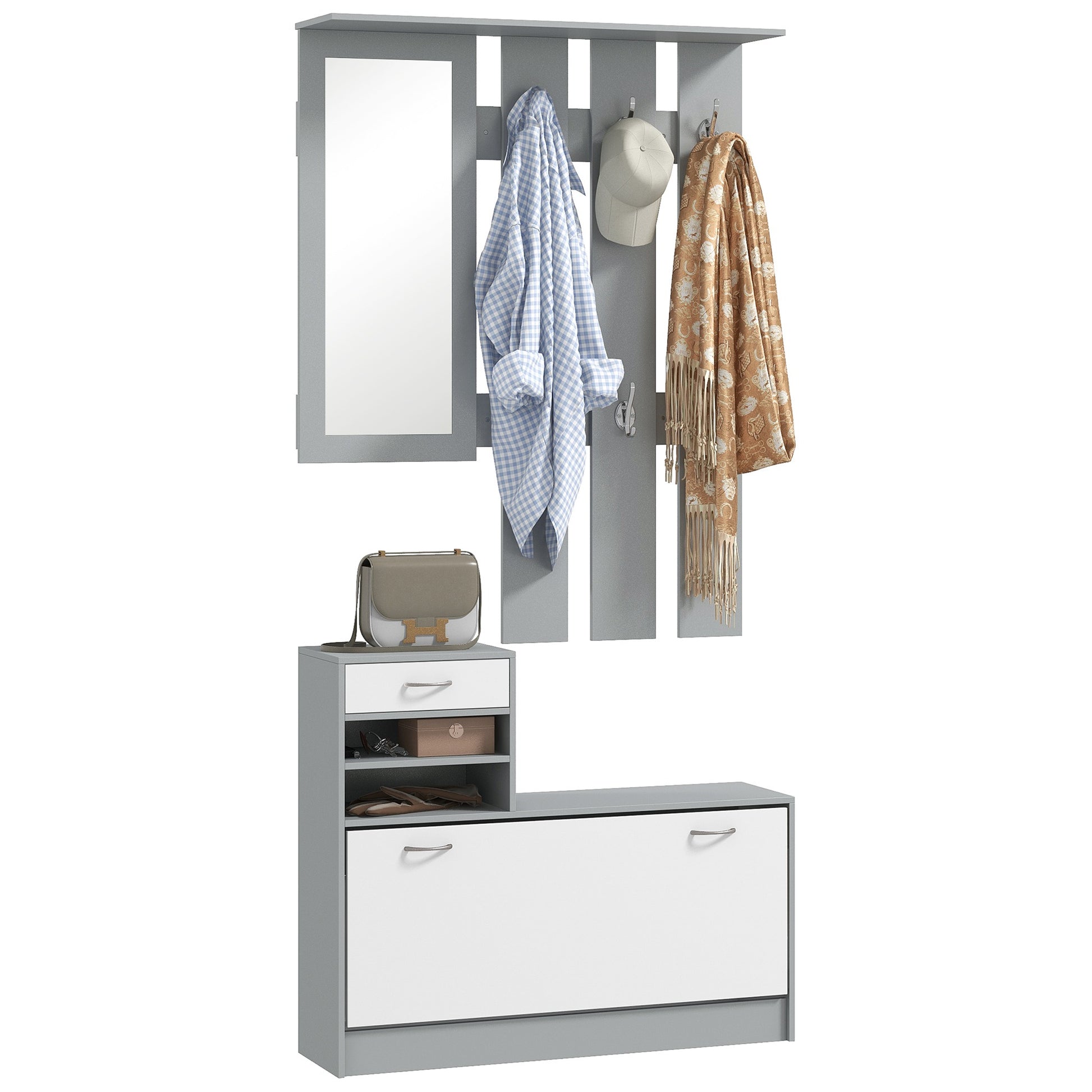 Entryway Hall Tree with Mirror Coat Rack and Shoe Bench 2-Piece Hallway Furniture with 6 Hooks Shelves and Flip-Down Drawer for Dark Gray Hallway
