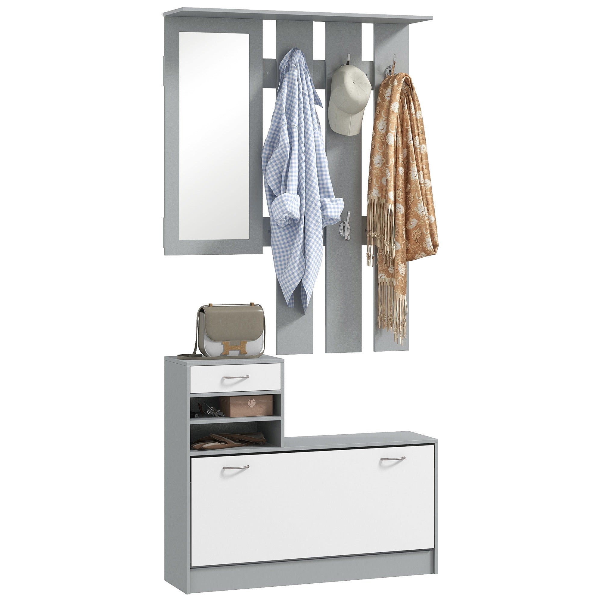 Entryway Hall Tree with Mirror Coat Rack and Shoe Bench 2-Piece Hallway Furniture with 6 Hooks Shelves and Flip-Down Drawer for Dark Gray Hallway