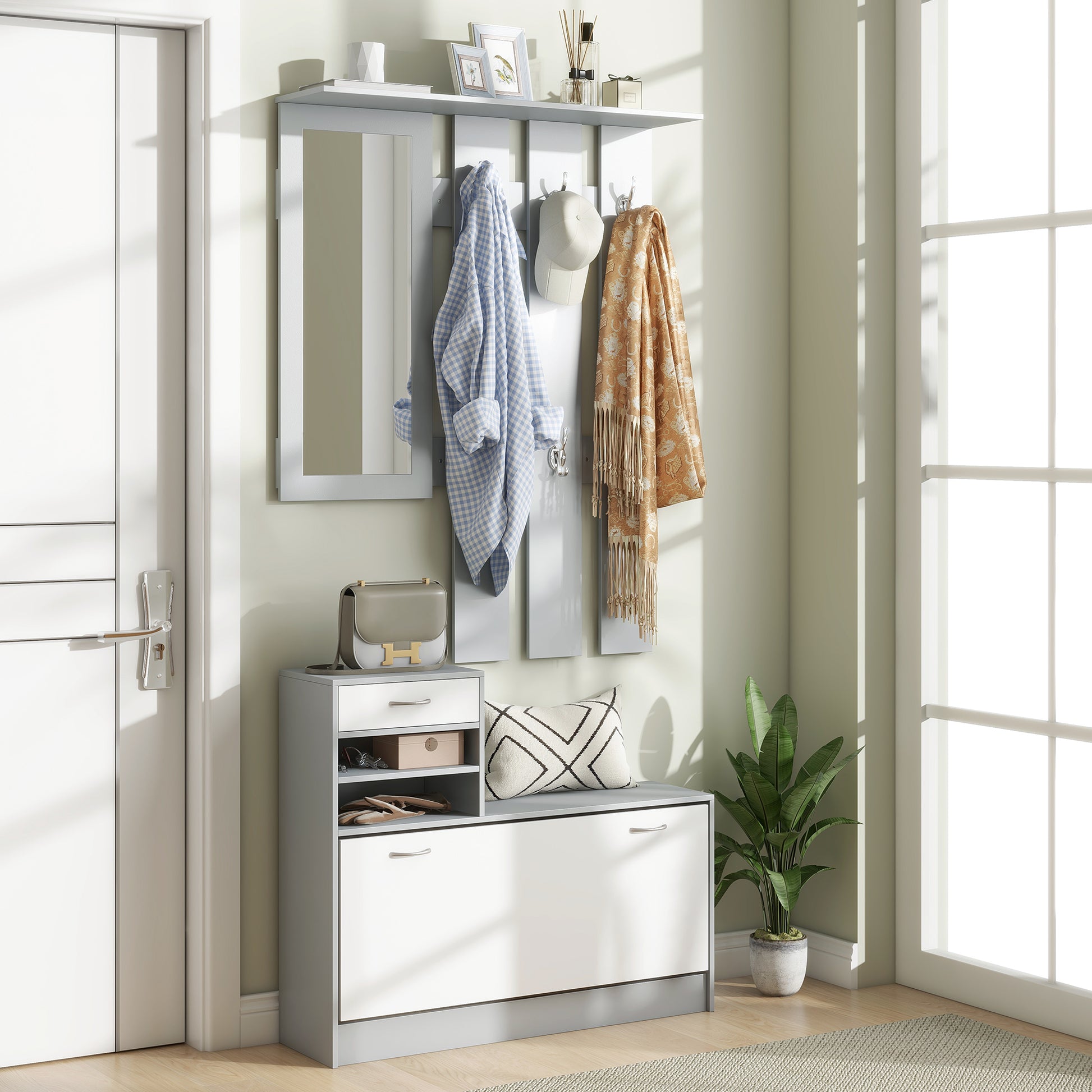 Entryway Hall Tree with Mirror Coat Rack and Shoe Bench 2-Piece Hallway Furniture with 6 Hooks Shelves and Flip-Down Drawer for Dark Gray Hallway